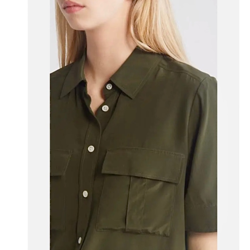 FRAME Silk Short Sleeve Flap Pocket Button Up Shirt Blouse Military Green LG - Picture 4 of 16